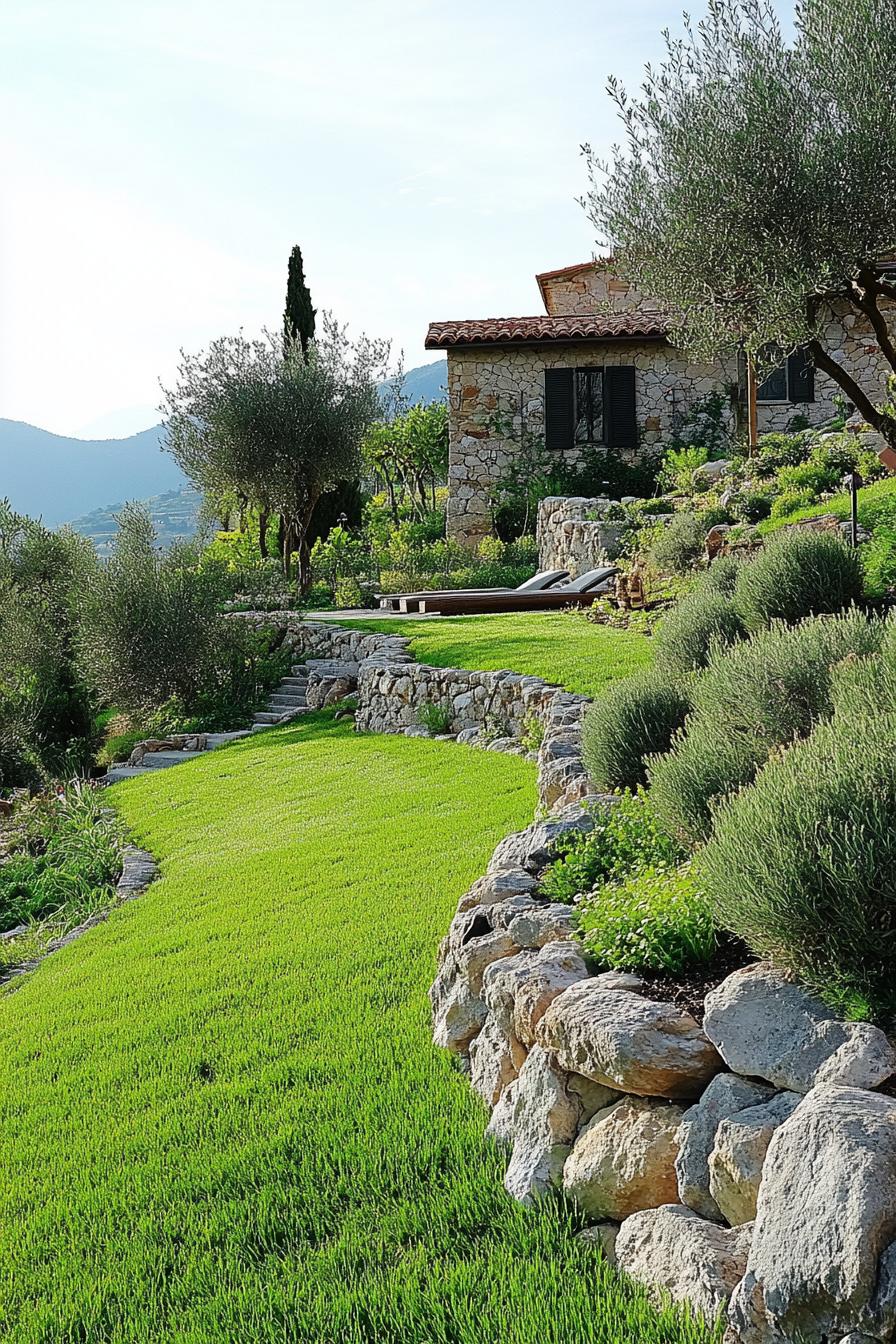 mediterranean landscaping with lawn grass rocks native bush plants old olive trees italian cypress in the background