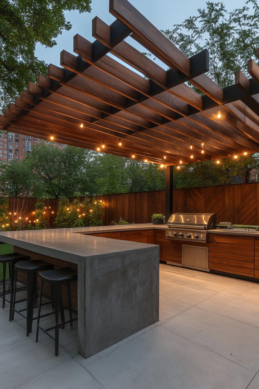 modern backyard bbq area with concrete countertops modern wooden pergola with black posts wooden ceiling with LED lighting paved deck 1