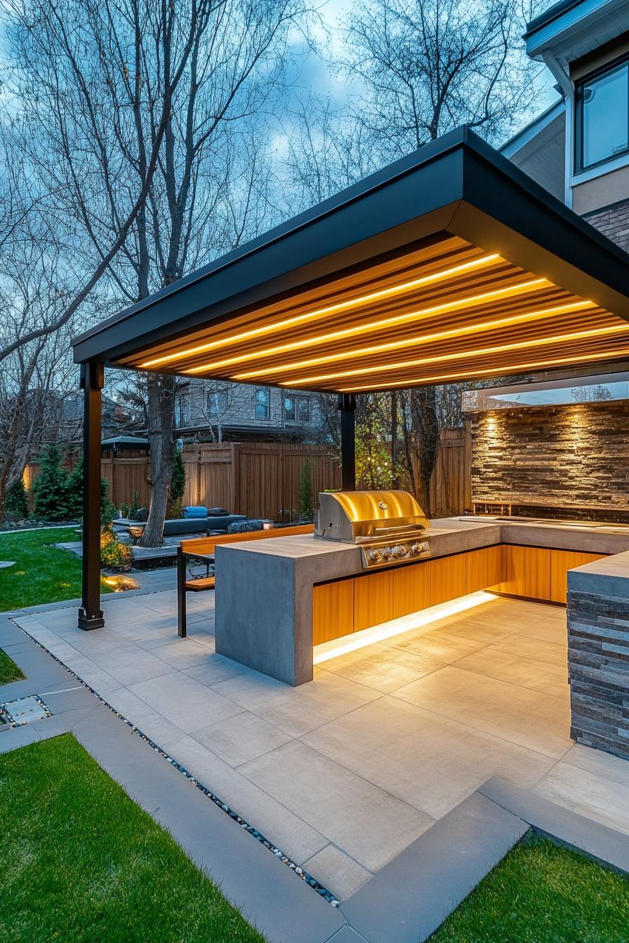 modern backyard bbq area with concrete countertops modern wooden pergola with black posts wooden ceiling with LED lighting paved deck