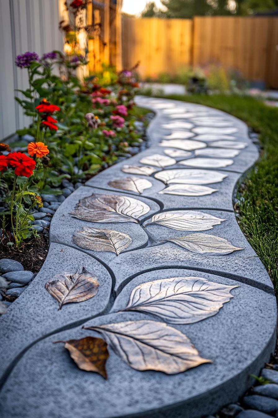 modern home backyard garden with flowers and a concrete slab path with leaf imprints 1