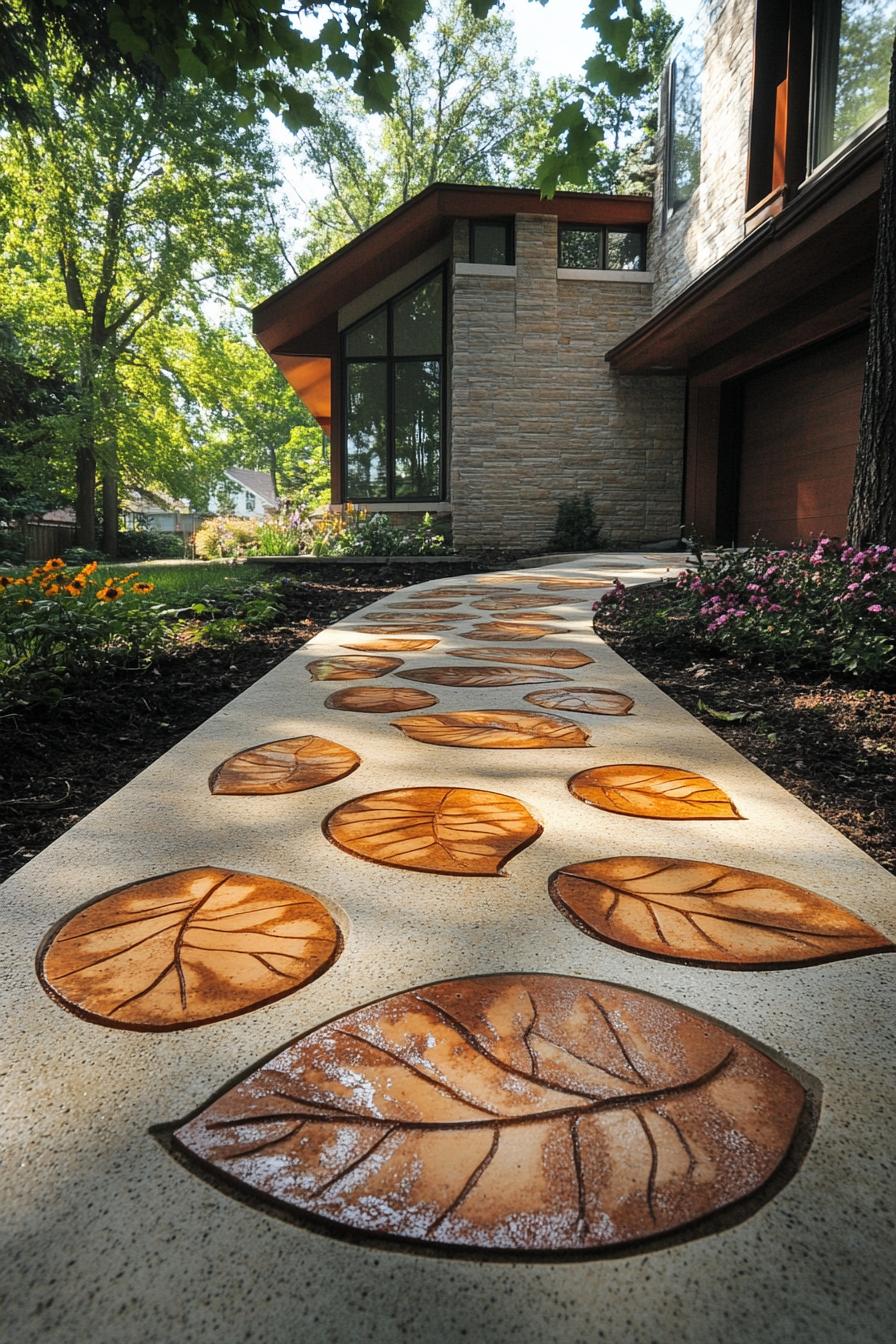 modern home backyard garden with flowers and a concrete slab path with leaf imprints