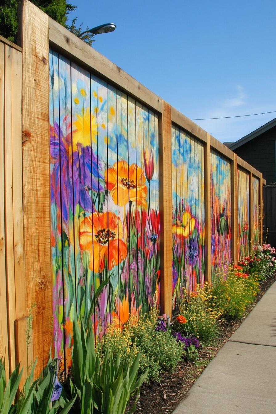 modern wooden panel backyard fence with mural art 1