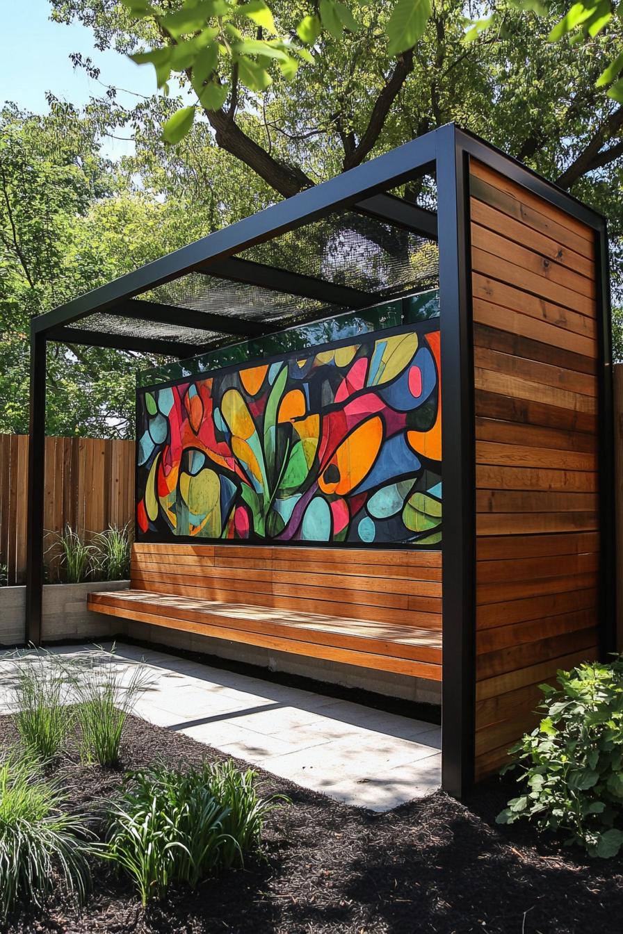 modern wooden panel backyard fence with mural art 2