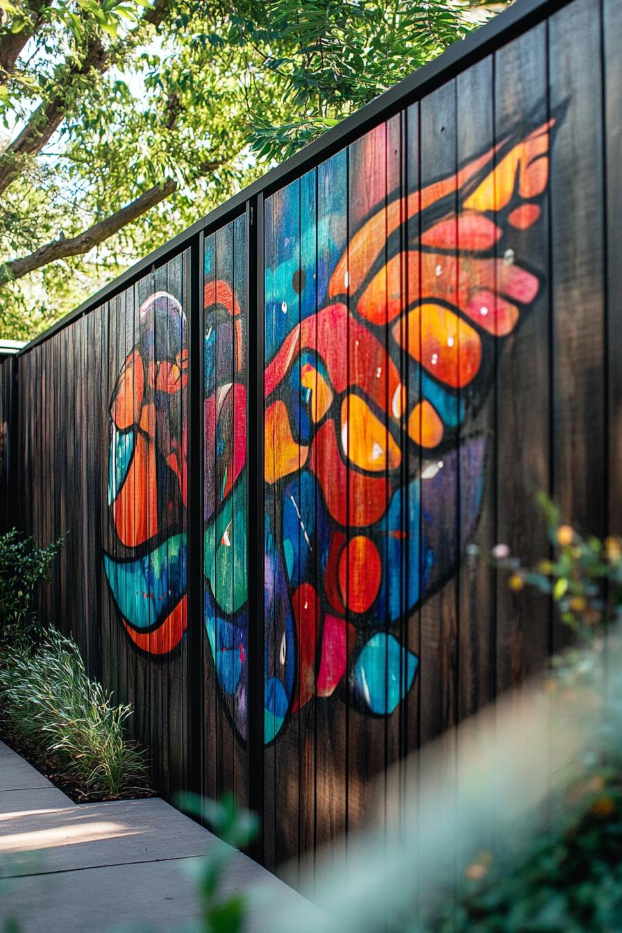 modern wooden panel backyard fence with mural art 3