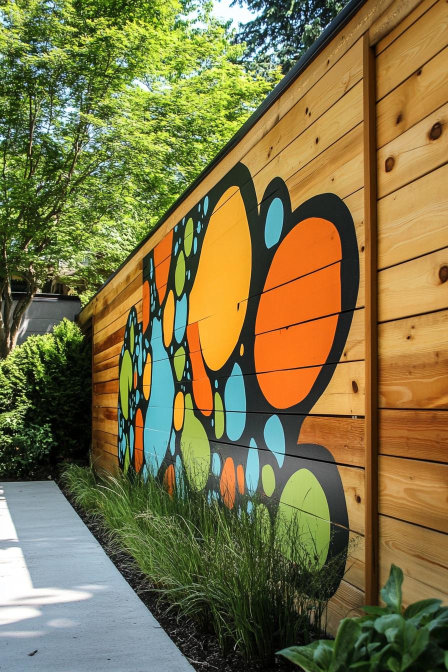 modern wooden panel backyard fence with mural art