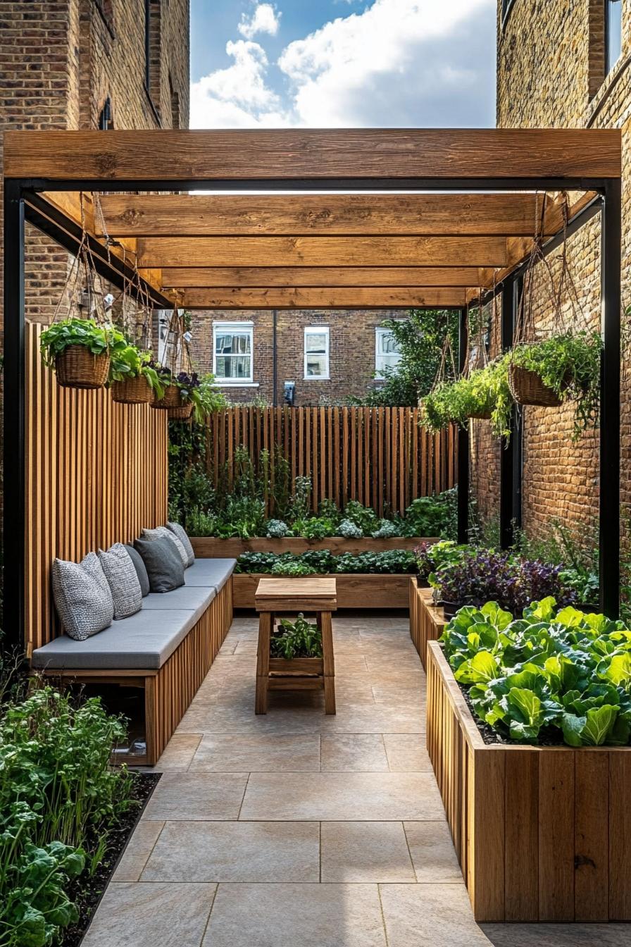 small courtyard patio garden between brick house wall and modern wooden tall fences there is a wooden pergola paved fround wooden benches with 1