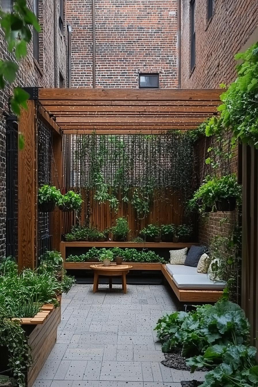 small courtyard patio garden between brick house wall and modern wooden tall fences there is a wooden pergola paved fround wooden benches with 2