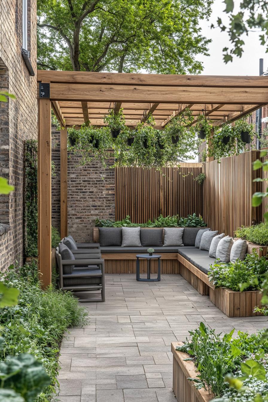 small courtyard patio garden between brick house wall and modern wooden tall fences there is a wooden pergola paved fround wooden benches with 3