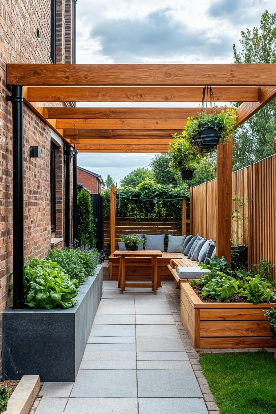 small courtyard patio garden between brick house wall and modern wooden tall fences there is a wooden pergola paved fround wooden benches with