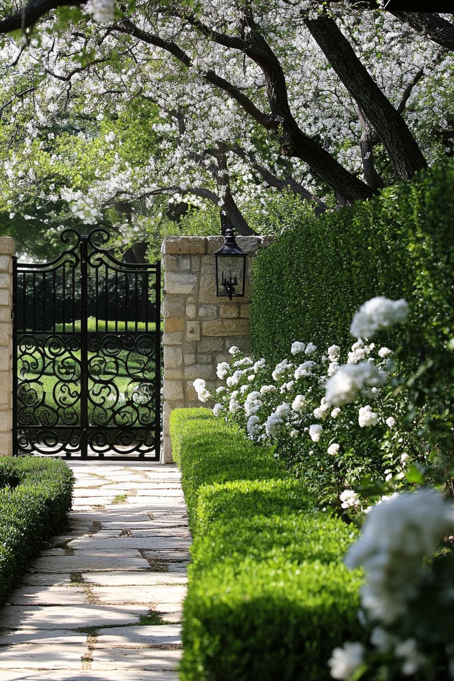 French lush garden with stone wall and iron gate geometric shrubs white blossom flowers tree shade v 6.1 1