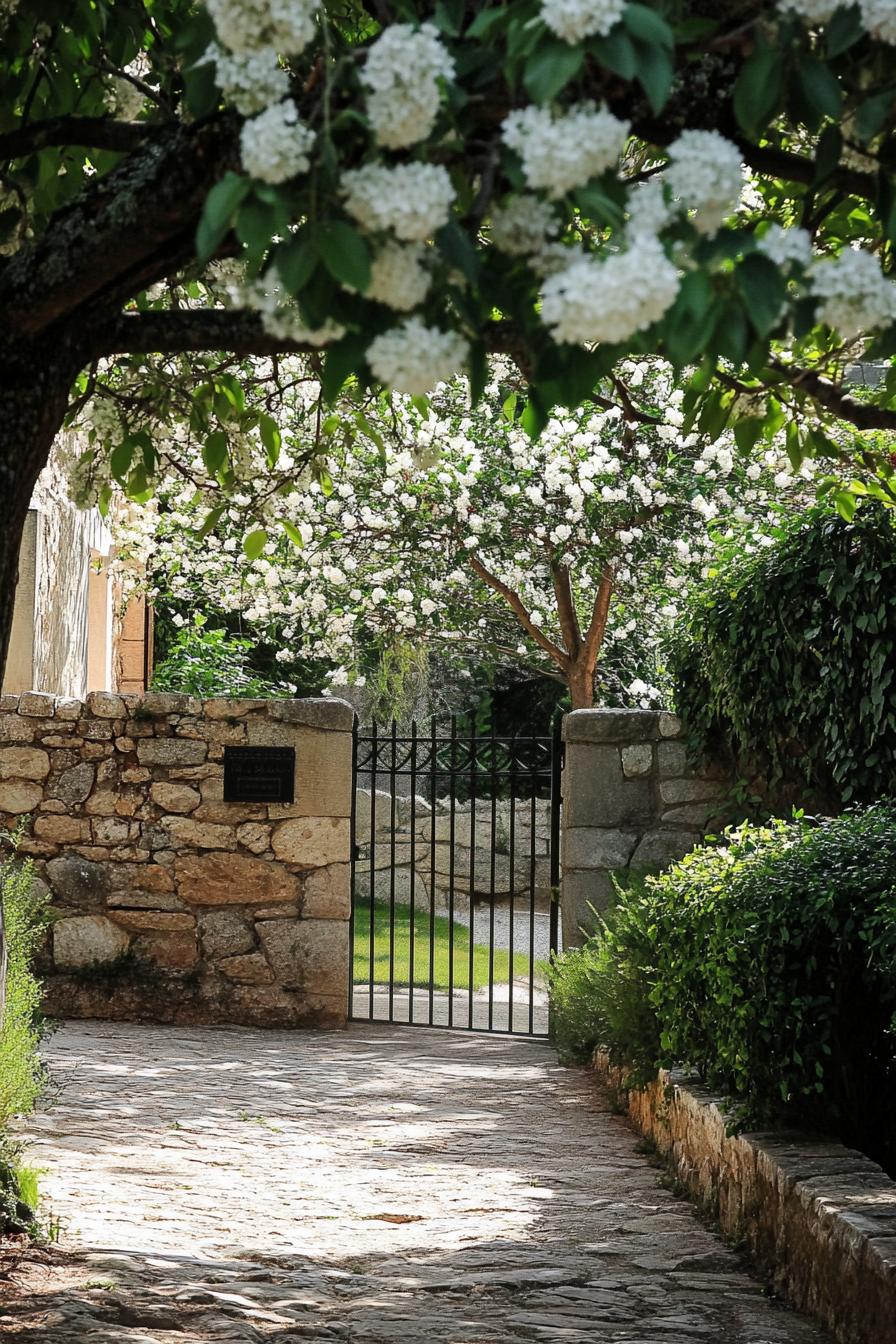 French lush garden with stone wall and iron gate geometric shrubs white blossom flowers tree shade v 6.1