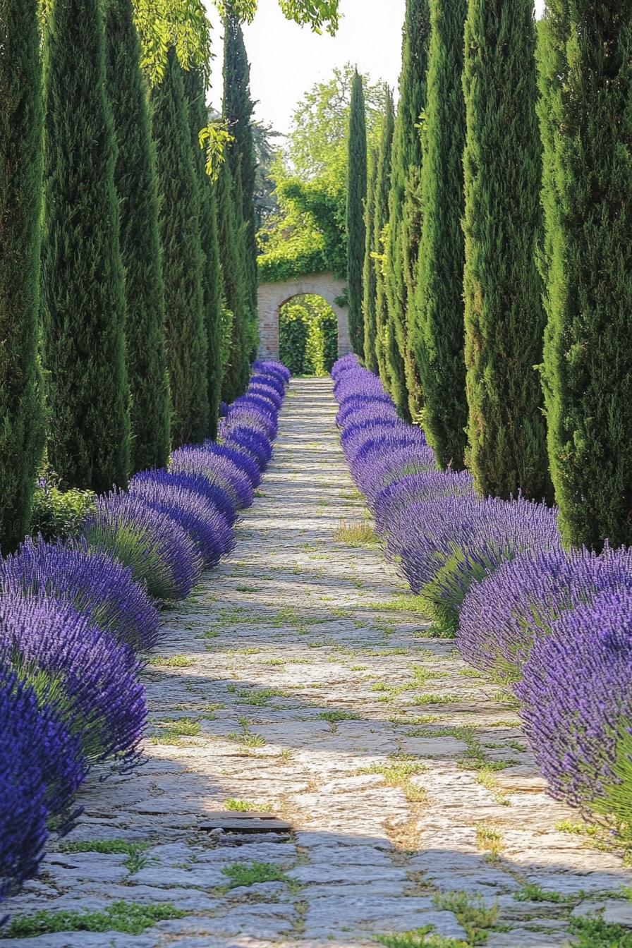 Italian garden path lined with lavender and italian cypress 1