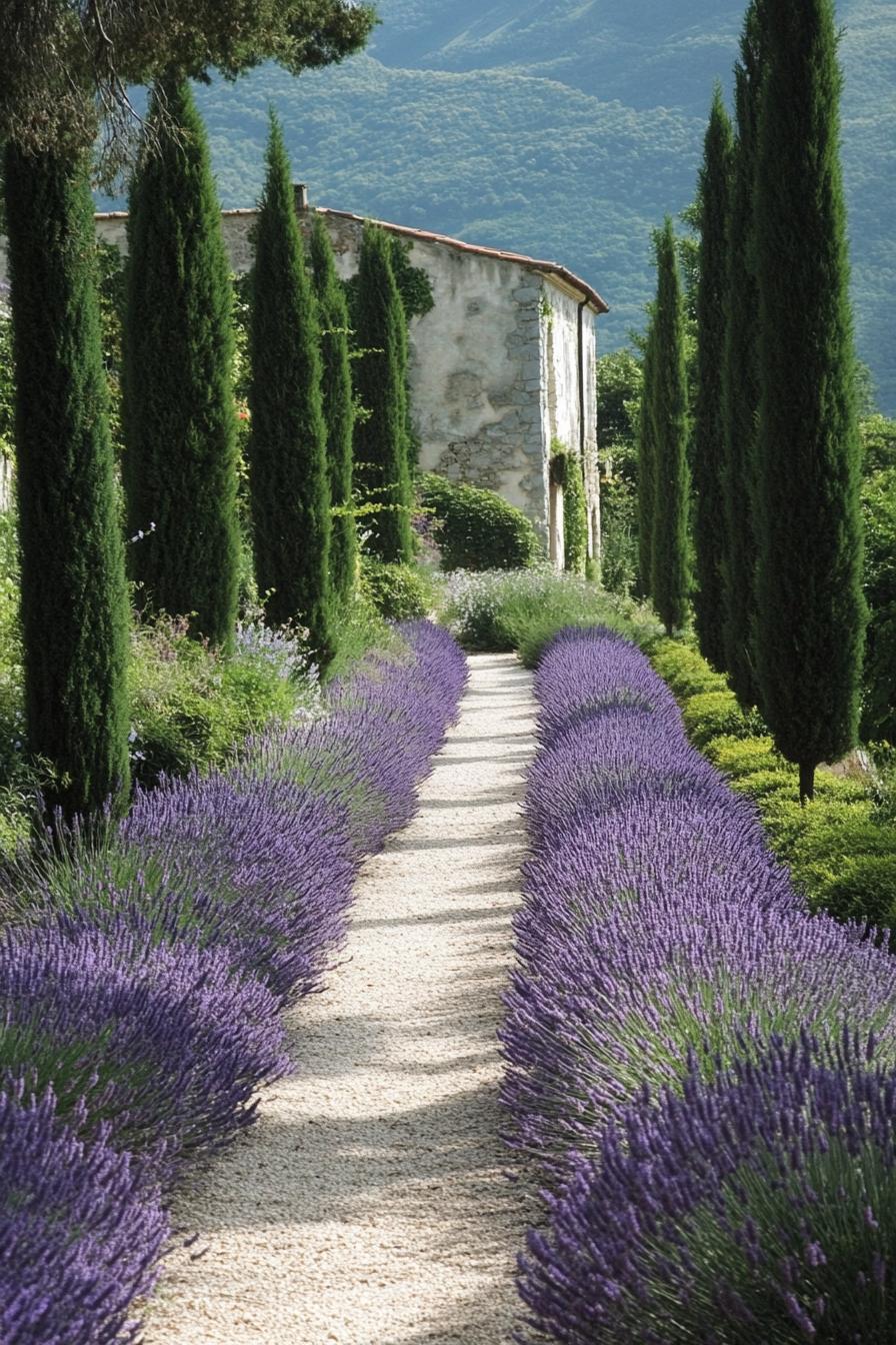 Italian garden path lined with lavender and italian cypress