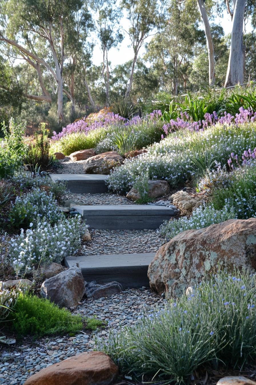 australian garden with mulsh steps rocks native silver and green plants native flowers and grasses eucalyptus trees in the background 1