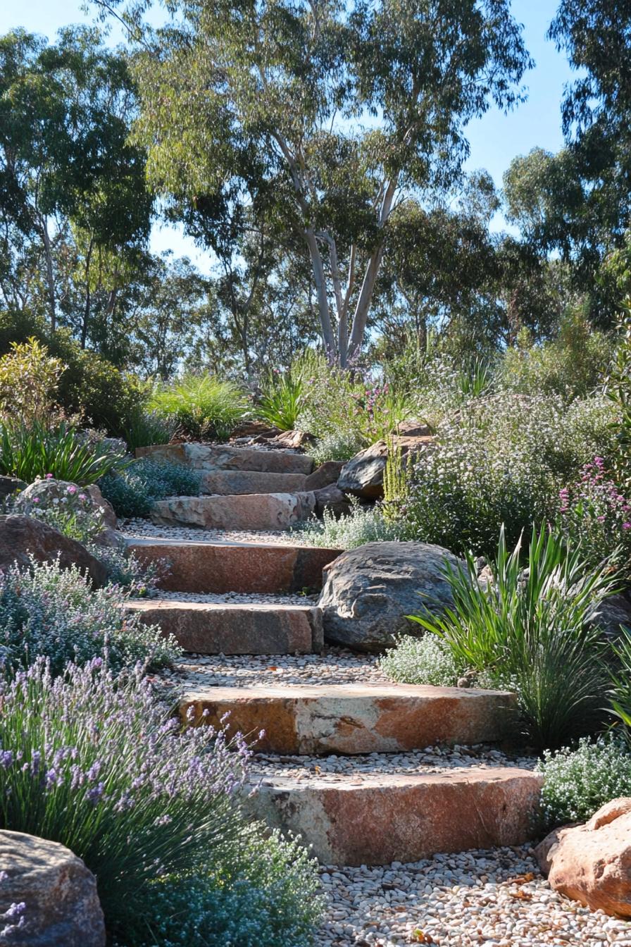 australian garden with mulsh steps rocks native silver and green plants native flowers and grasses eucalyptus trees in the background 2