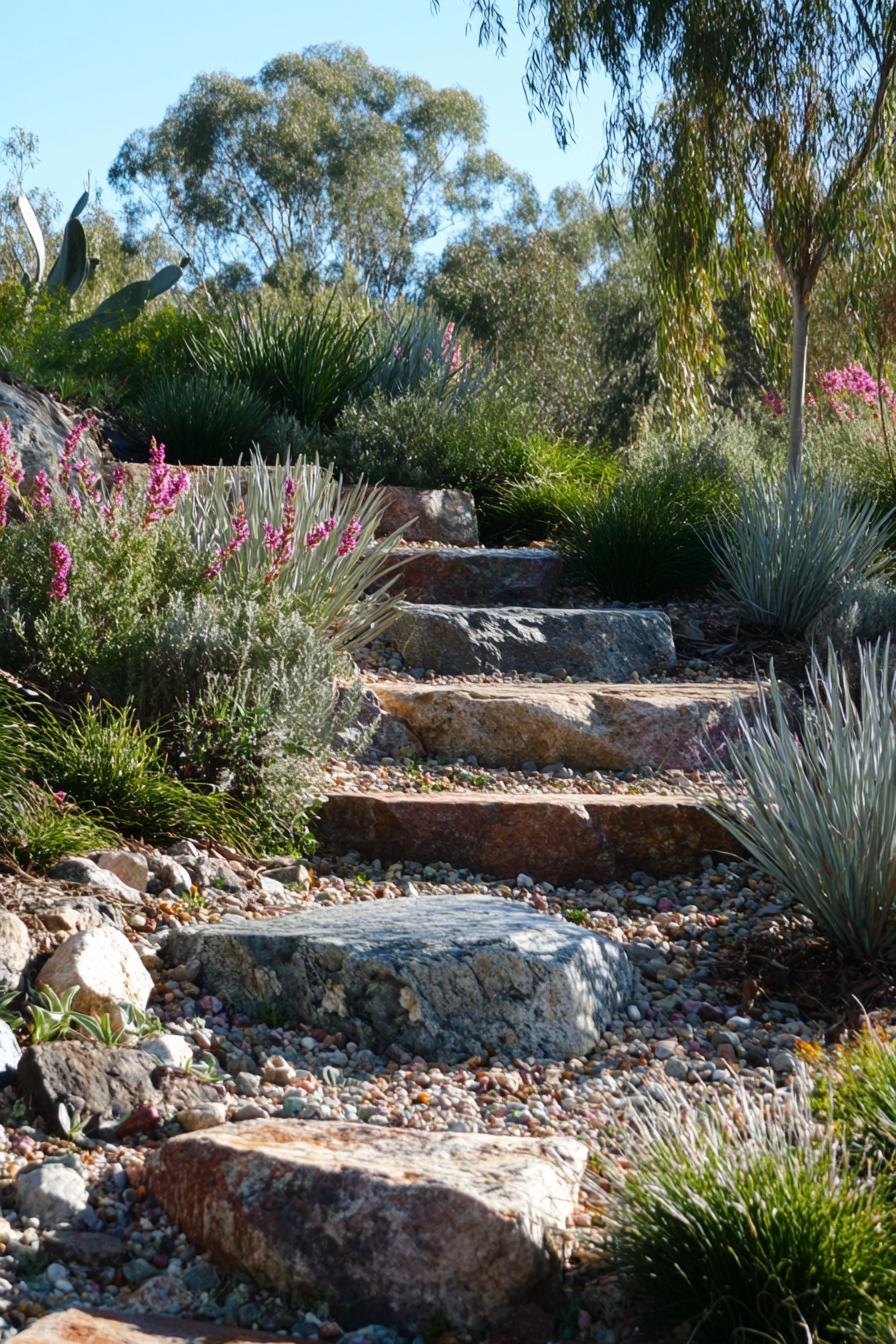 australian garden with mulsh steps rocks native silver and green plants native flowers and grasses eucalyptus trees in the background 3