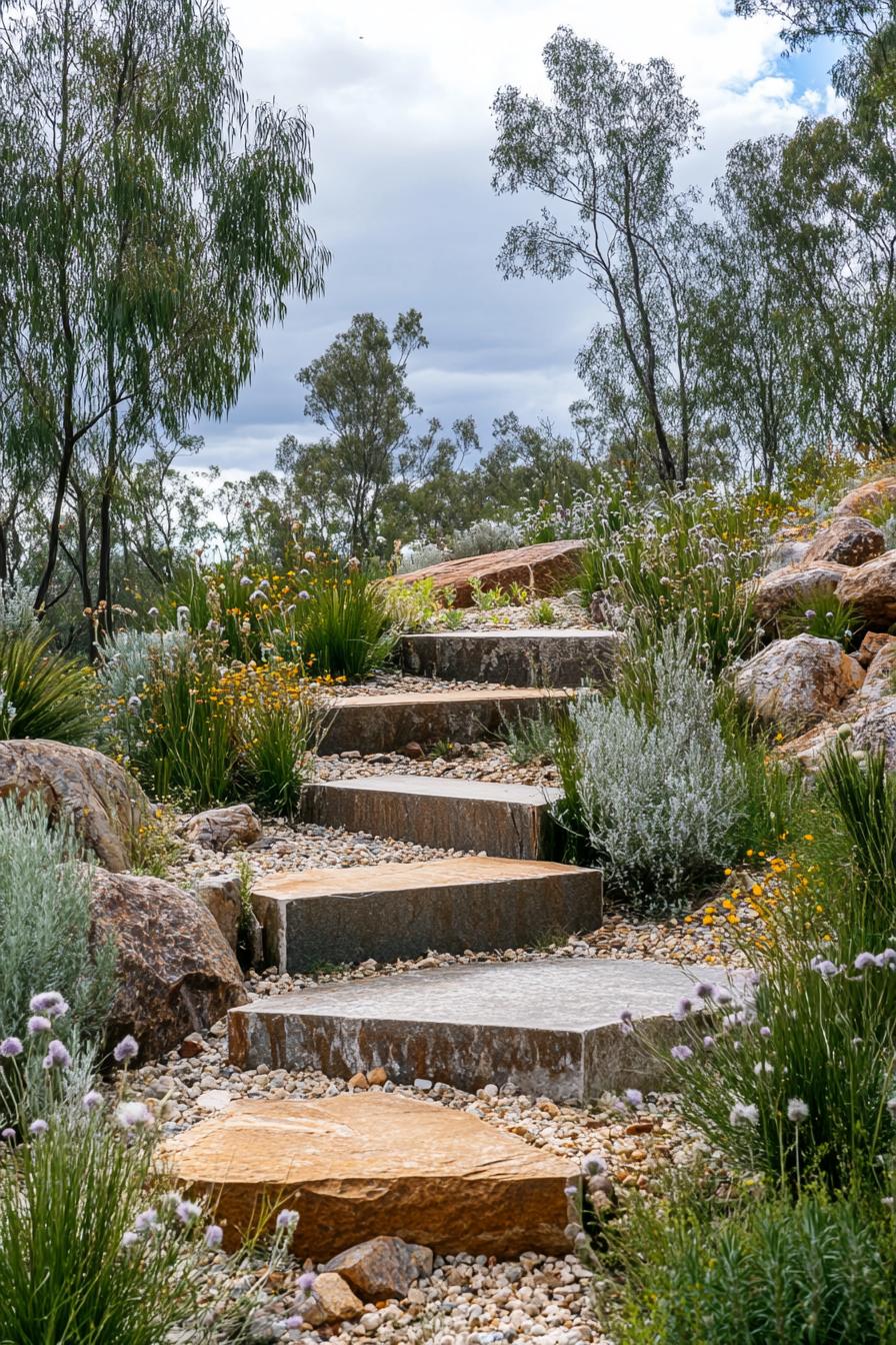 australian garden with mulsh steps rocks native silver and green plants native flowers and grasses eucalyptus trees in the background