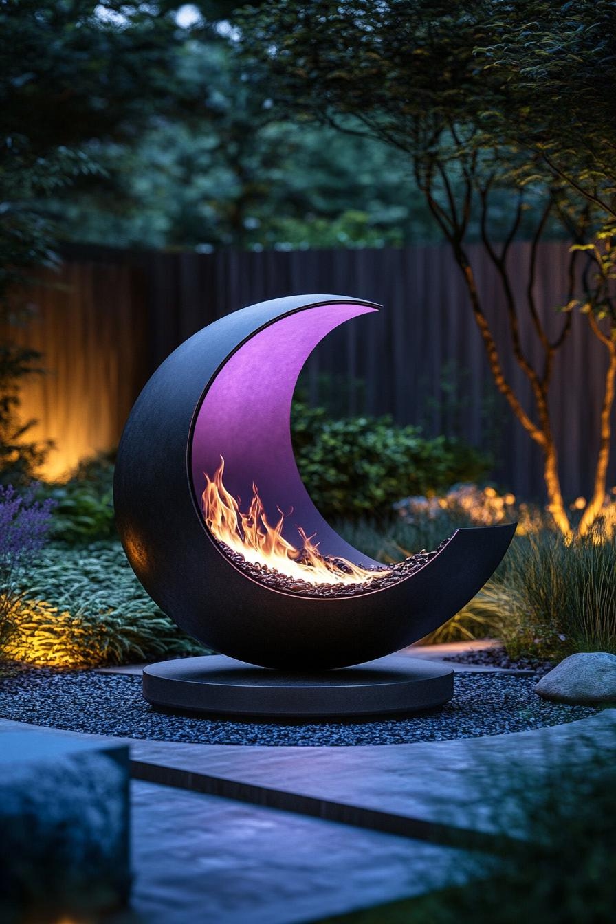 backyard garden with round metal fireplace with LED lighting in purple color 1