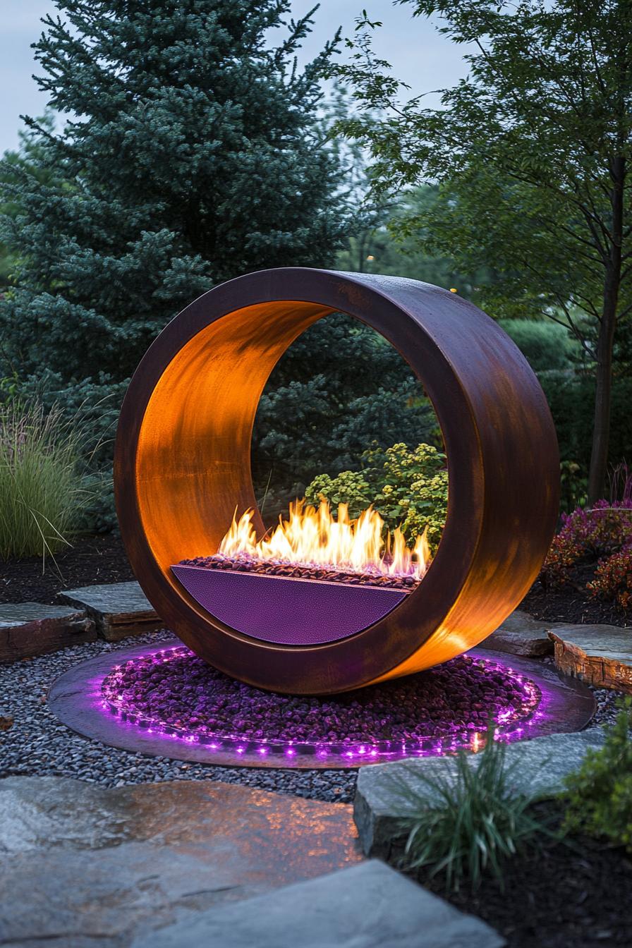 backyard garden with round metal fireplace with LED lighting in purple color 2