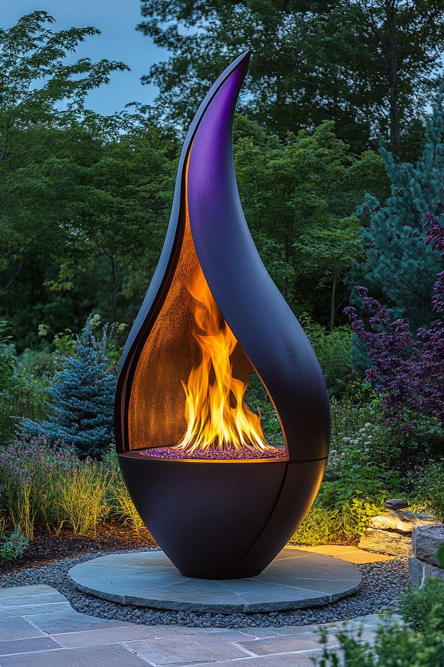 backyard garden with round metal fireplace with LED lighting in purple color 3