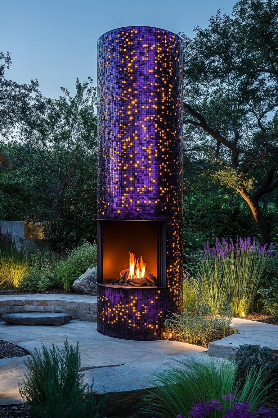 backyard garden with round metal fireplace with LED lighting in purple color