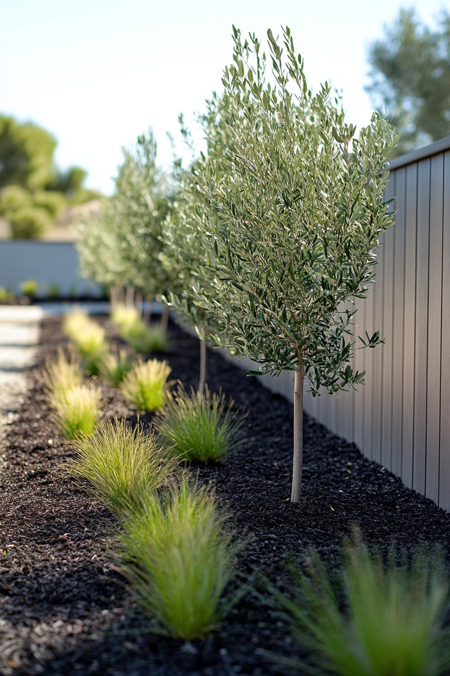 landscaping with young olive trees lined against a modern wooden fence in dark mulch with native grass plants crubed from the lawn 1