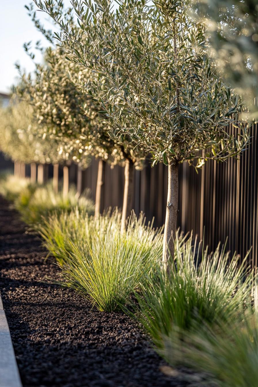 landscaping with young olive trees lined against a modern wooden fence in dark mulch with native grass plants crubed from the lawn 2