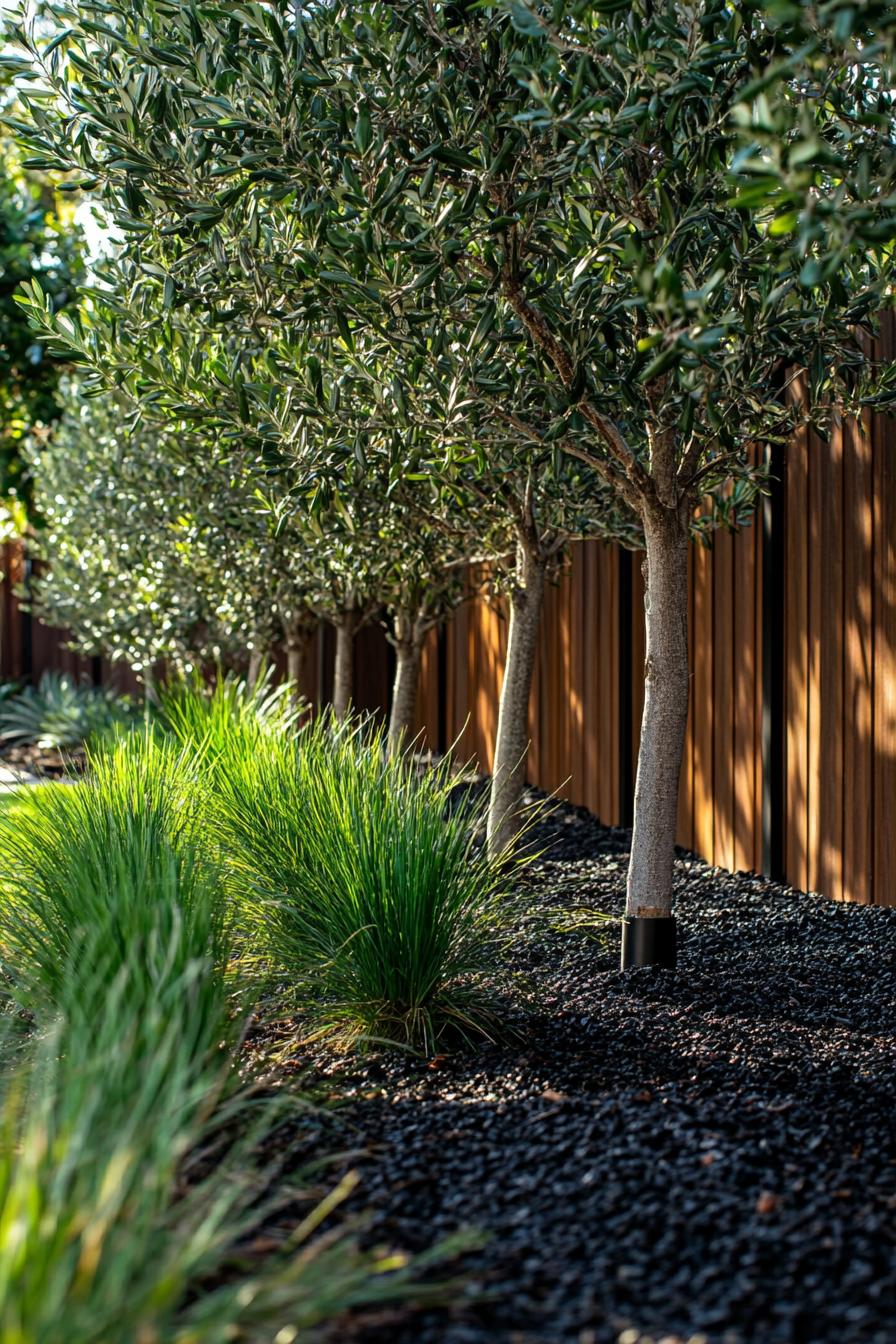 landscaping with young olive trees lined against a modern wooden fence in dark mulch with native grass plants crubed from the lawn 3