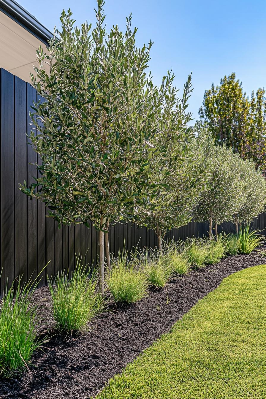 landscaping with young olive trees lined against a modern wooden fence in dark mulch with native grass plants crubed from the lawn