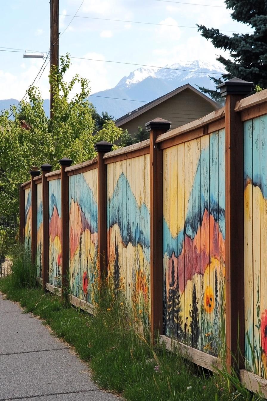 modern garden wooden panel fence with a mural art of mountains 1