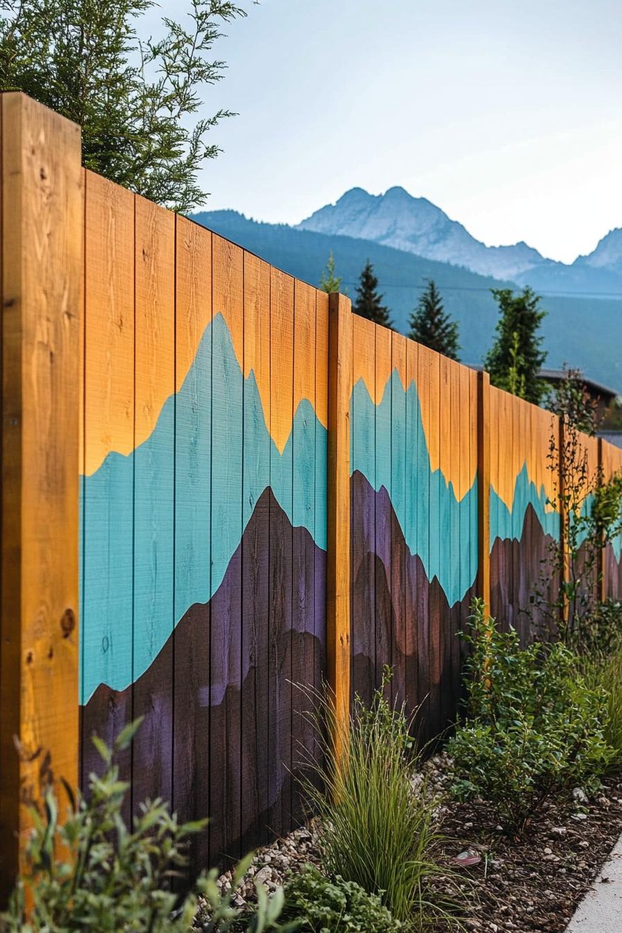 modern garden wooden panel fence with a mural art of mountains