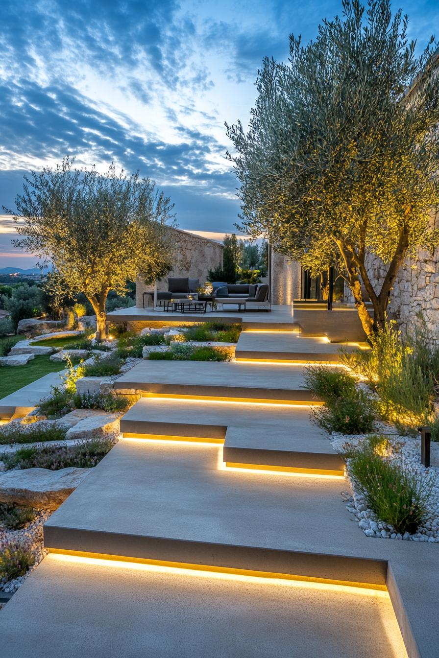 modern meditarranean backyard garden with concrete beds with native plants patio with outdoor furniture olive trees lit with LED lighting 1