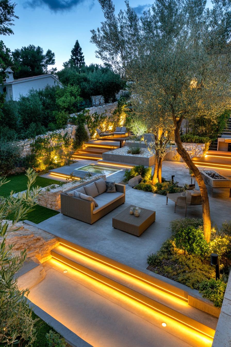 modern meditarranean backyard garden with concrete beds with native plants patio with outdoor furniture olive trees lit with LED lighting 2