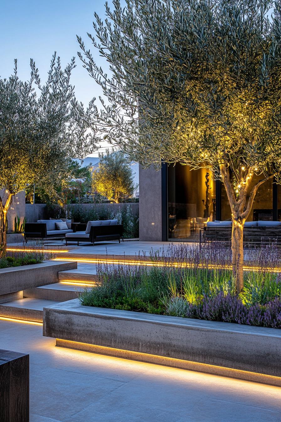 modern meditarranean backyard garden with concrete beds with native plants patio with outdoor furniture olive trees lit with LED lighting 3