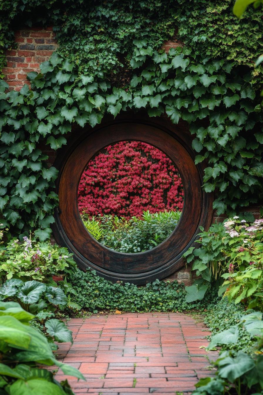 oriental round geometric garden entrance with lush plants 1