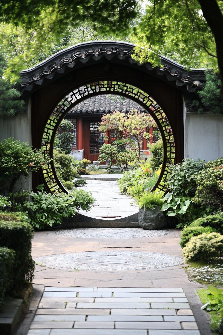 oriental round geometric garden entrance with lush plants 2