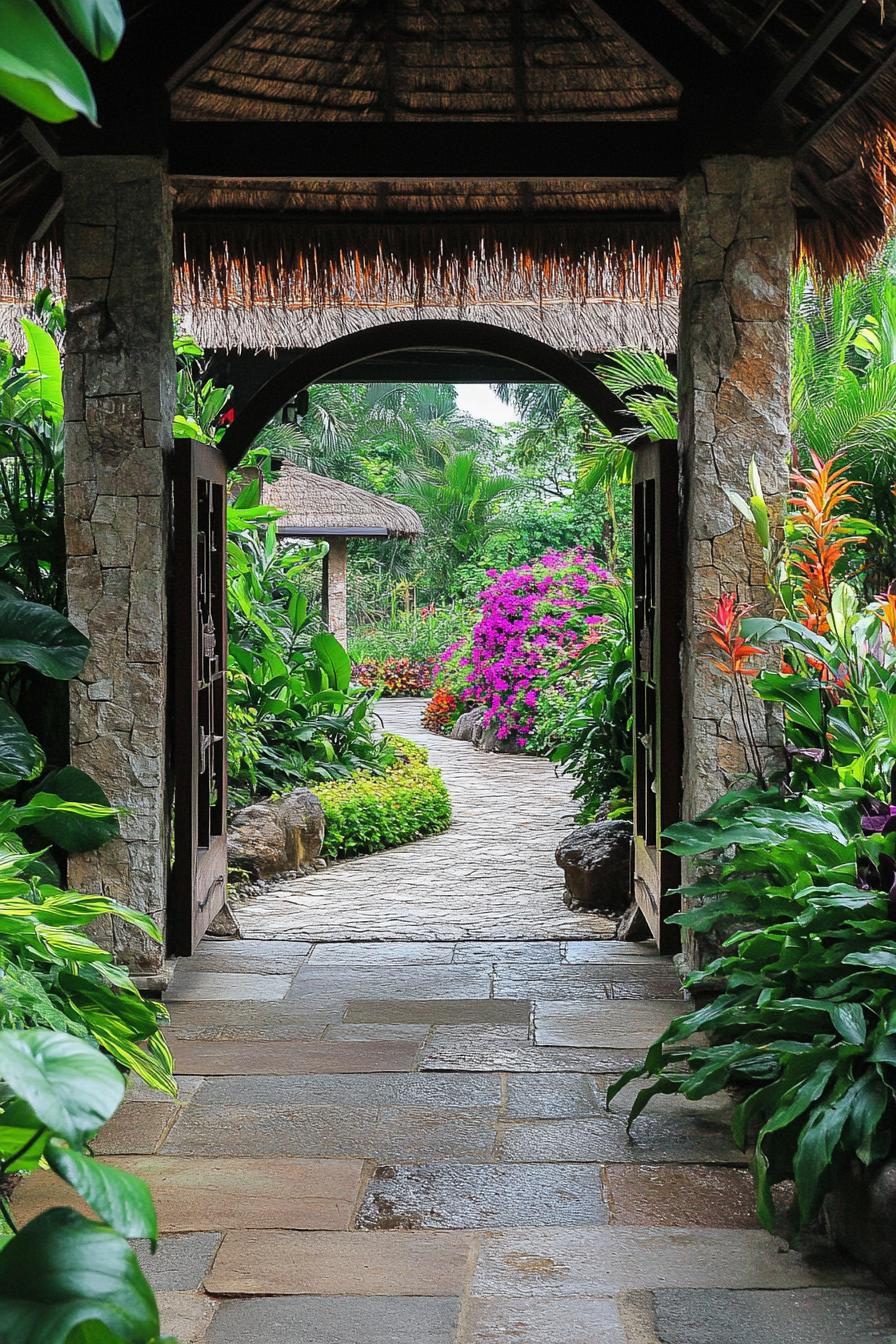 oriental round geometric garden entrance with lush plants 3