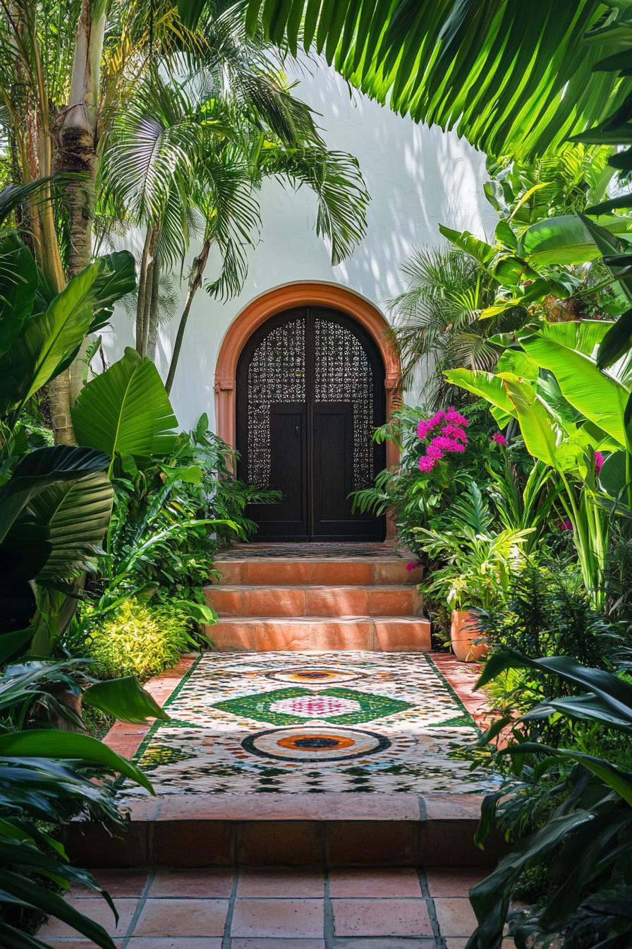 oriental round geometric garden entrance with lush plants