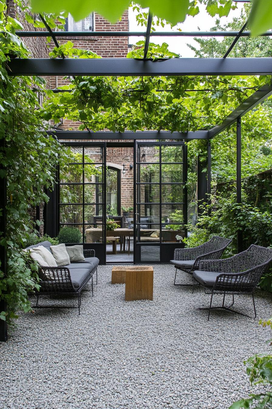 tiny inner courtyard patio garden with modern large windows modern metal pergola with vines gravel patio with outdoor furniture with cushions 1