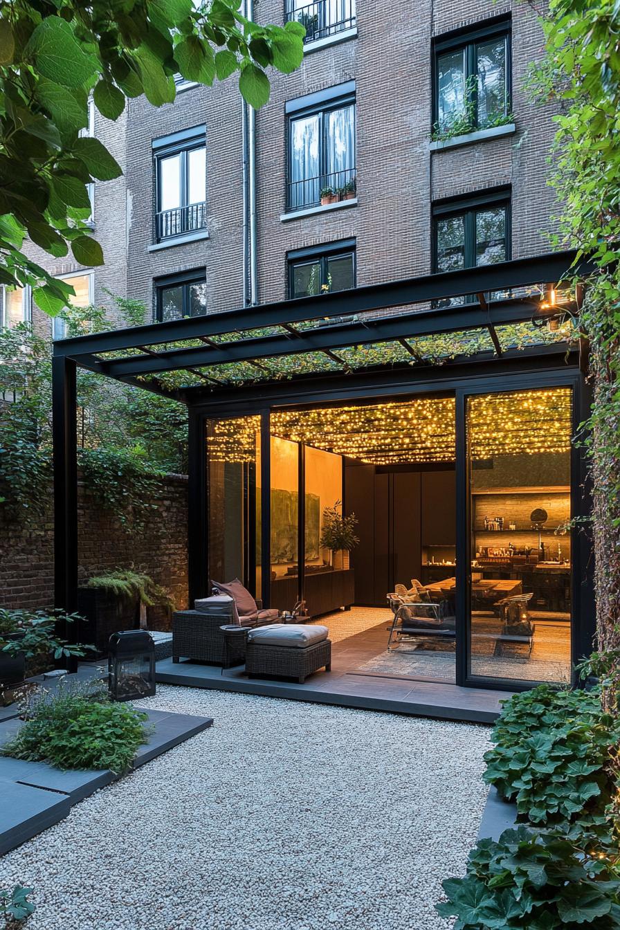 tiny inner courtyard patio garden with modern large windows modern metal pergola with vines gravel patio with outdoor furniture with cushions 2