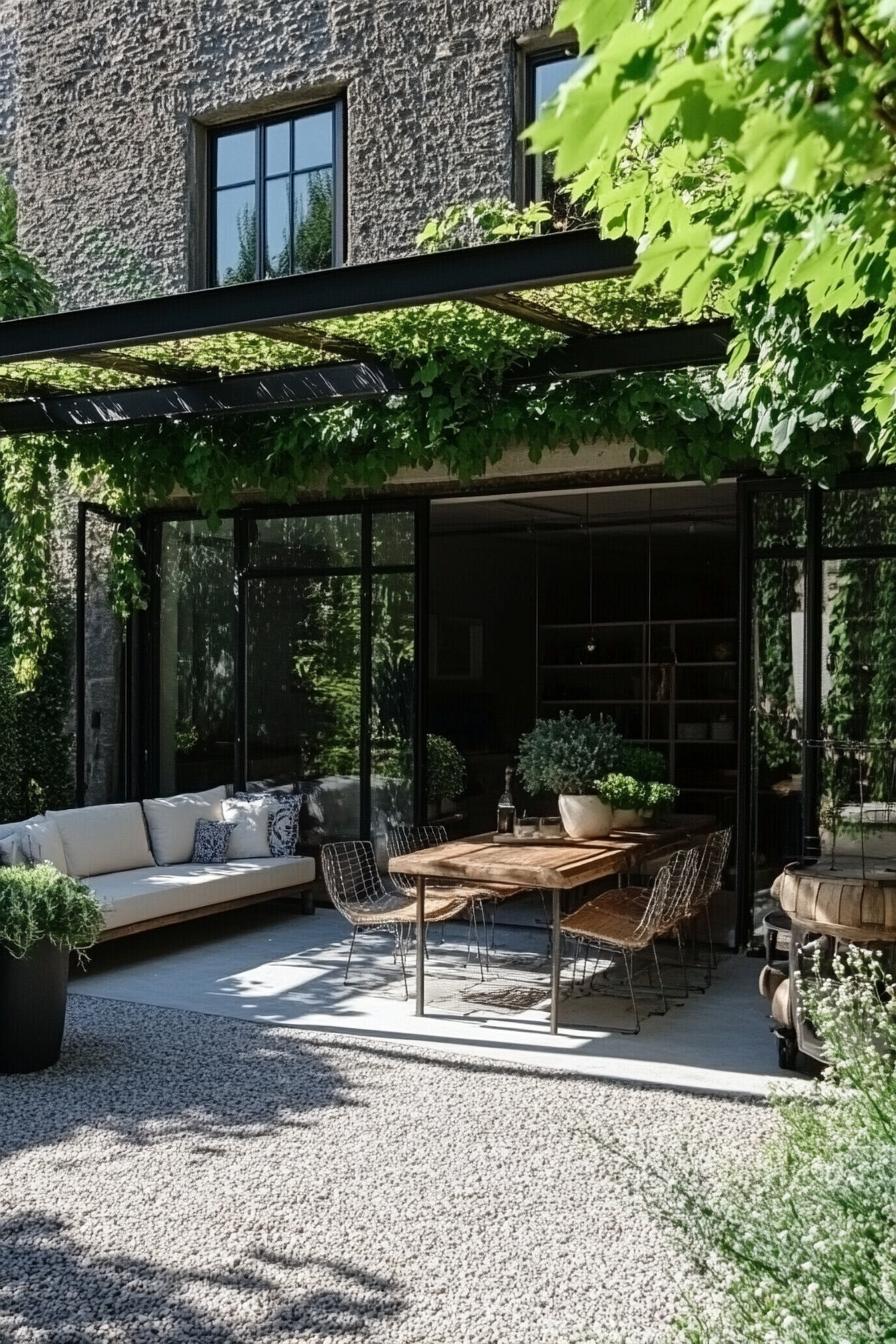 tiny inner courtyard patio garden with modern large windows modern metal pergola with vines gravel patio with outdoor furniture with cushions 3