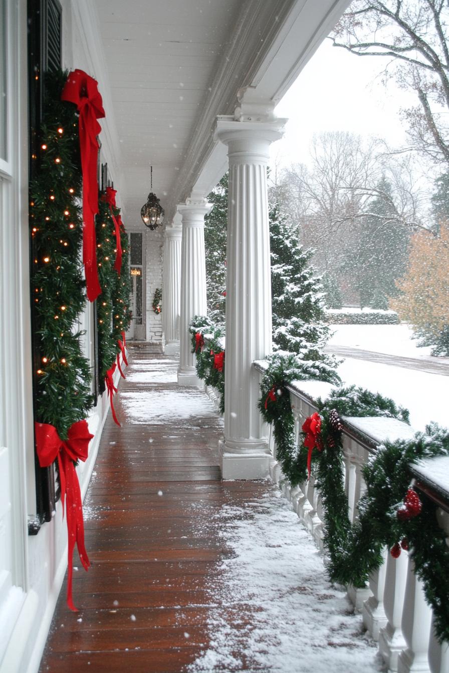 white house porch with columns and railings decorated with christmas greenery and red ribbons fairy lights for Christmas