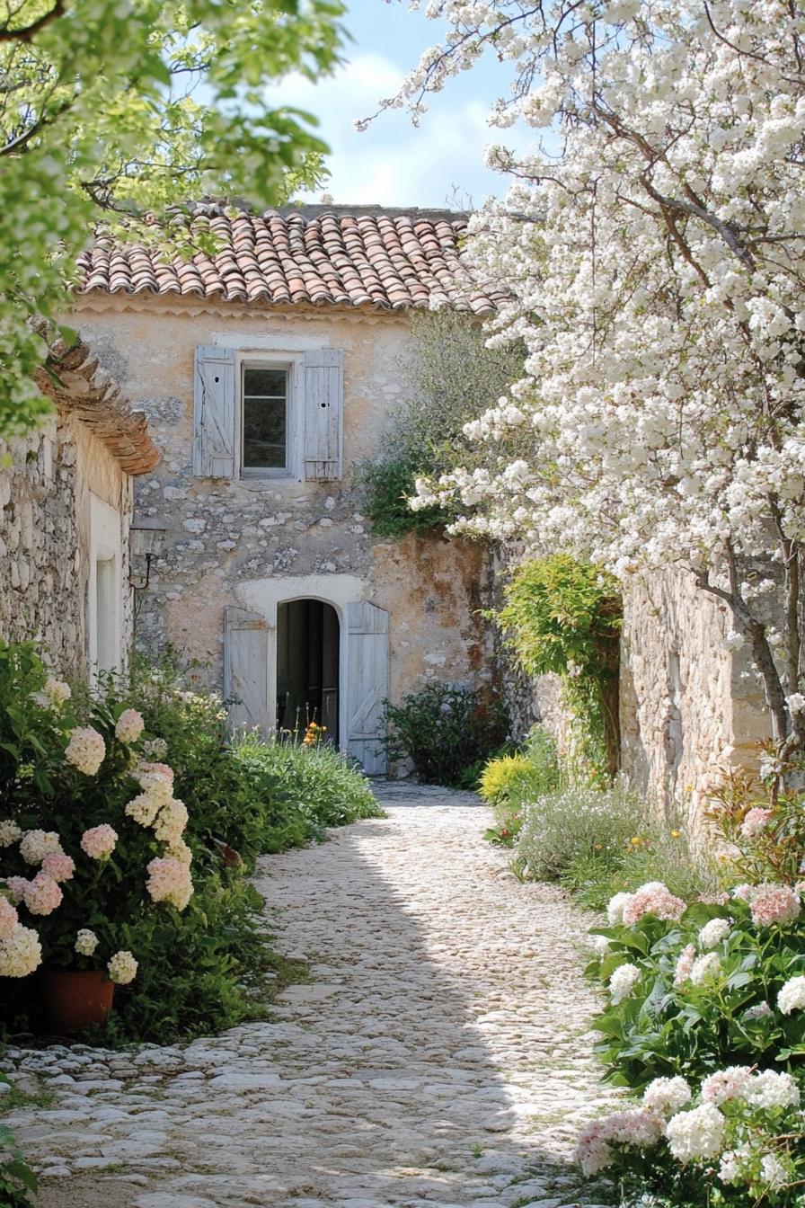 French stone cottage garden with stone paved path lush native blossoming flowers 1