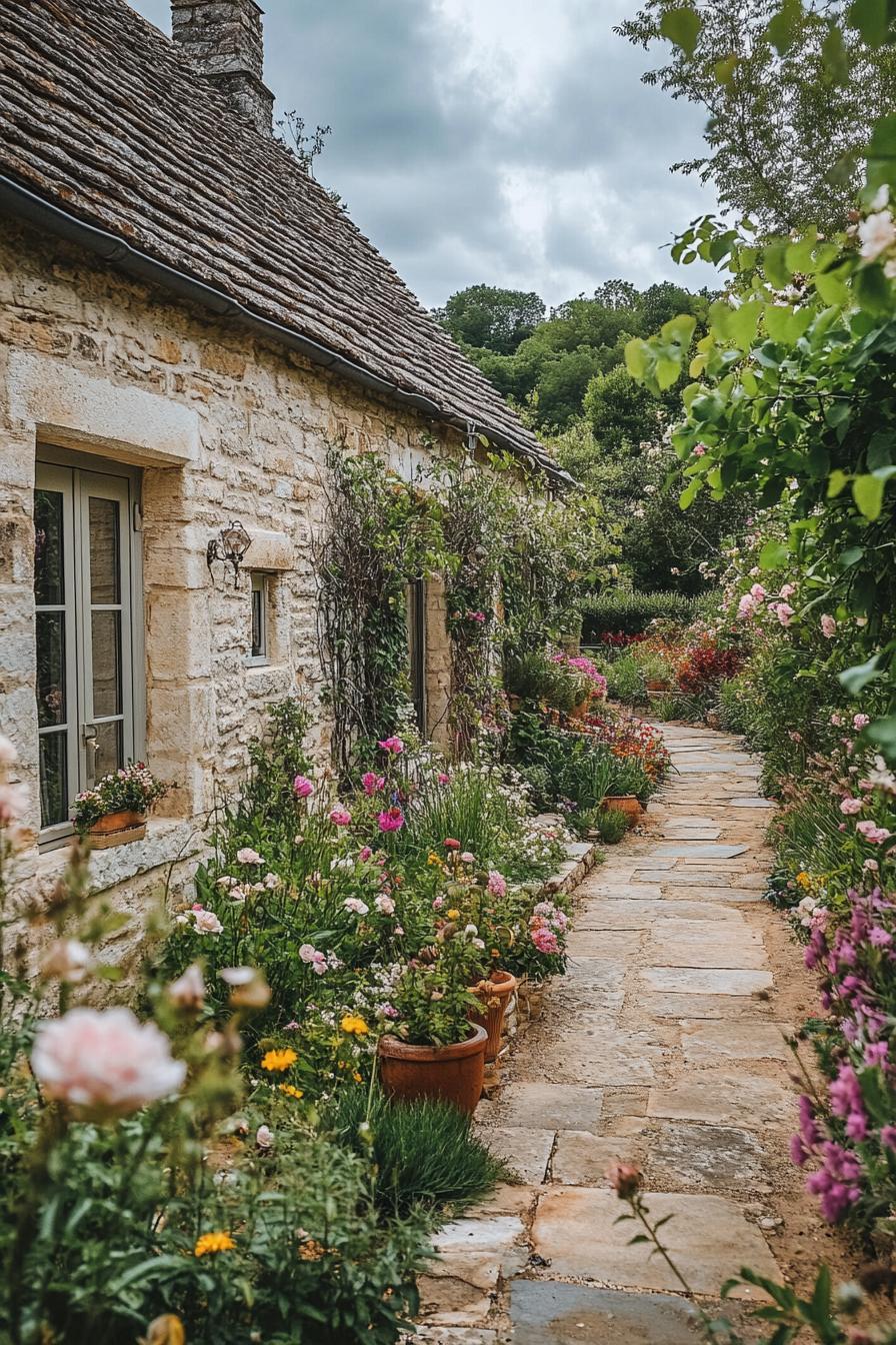 French stone cottage garden with stone paved path lush native blossoming flowers 2