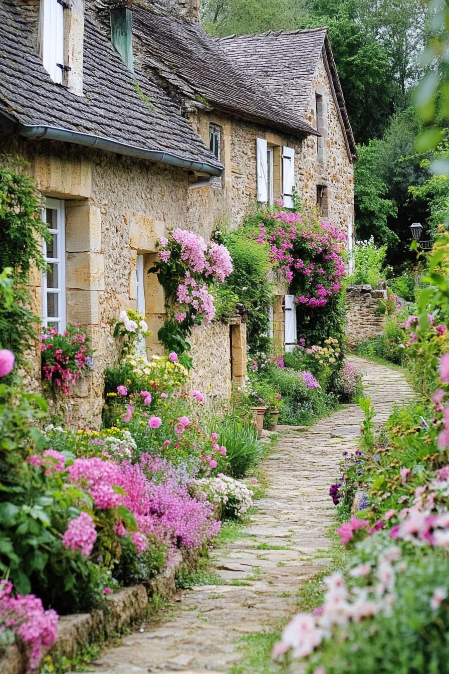 French stone cottage garden with stone paved path lush native blossoming flowers