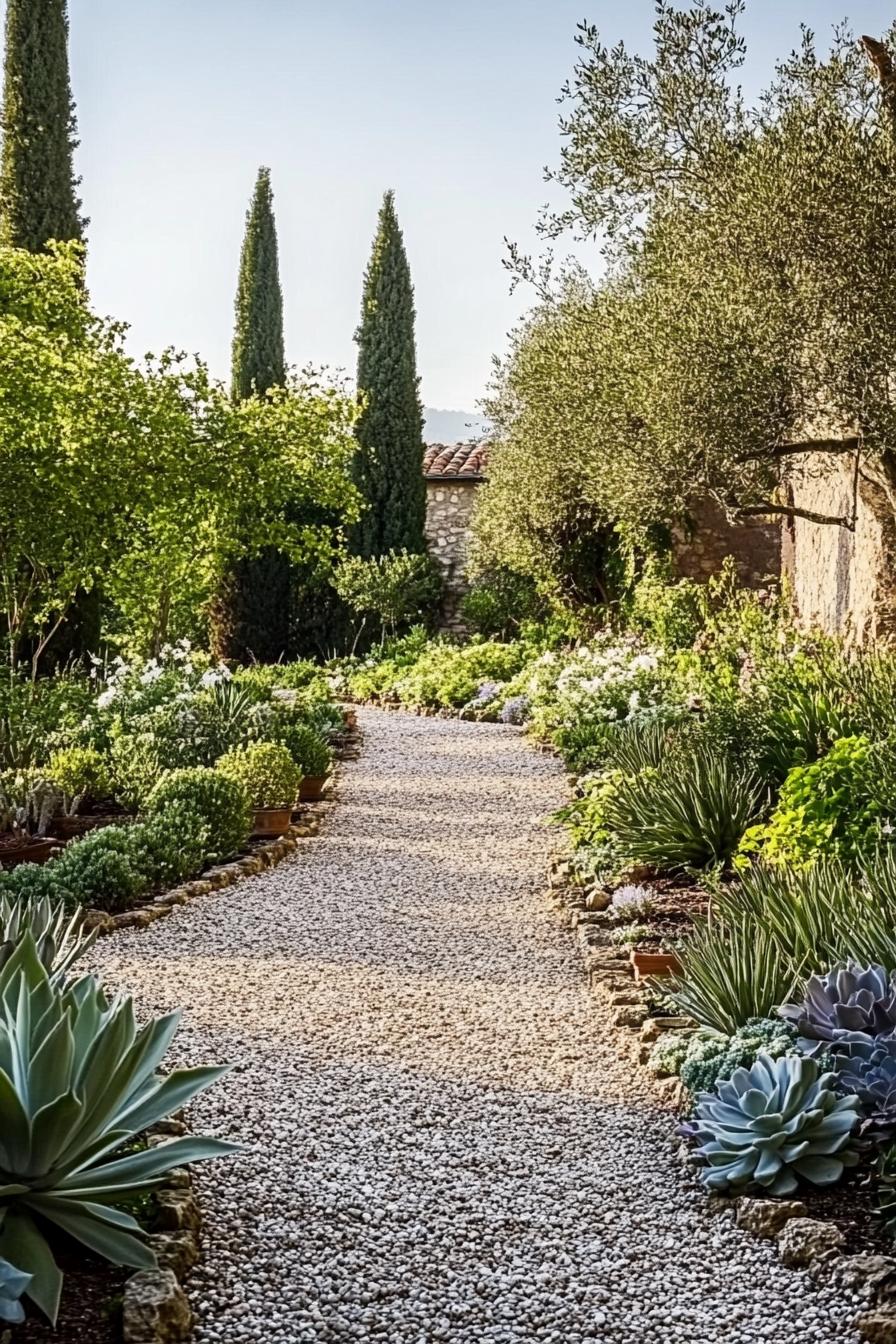 Italian gravel garden with ground cover plants and succulents surrounded with native trees 1