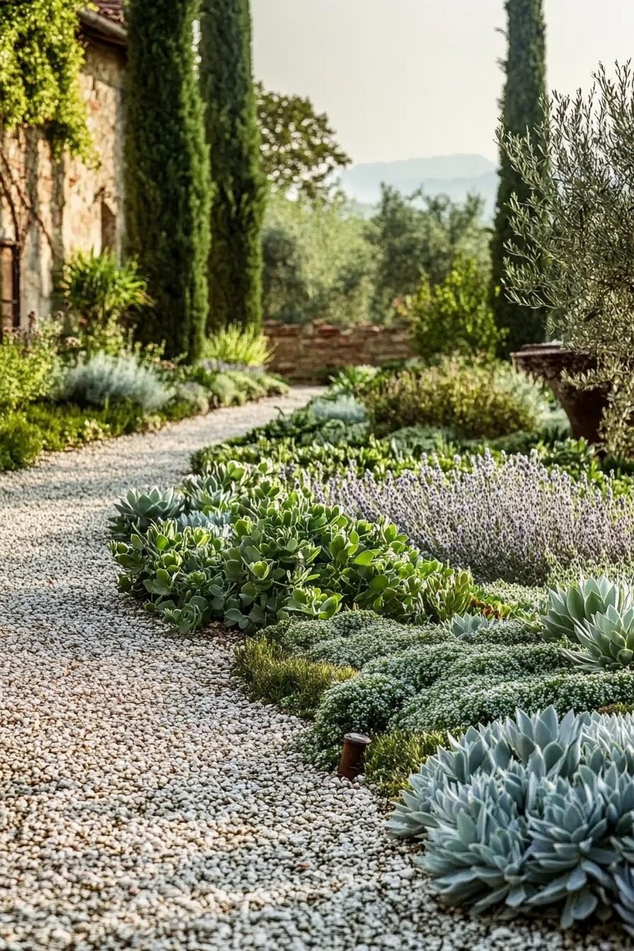 Italian gravel garden with ground cover plants and succulents surrounded with native trees 2