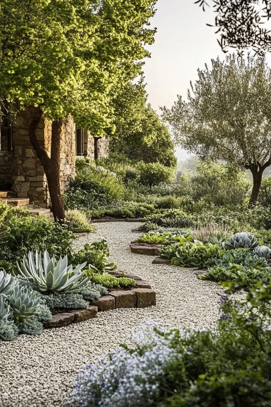 Italian gravel garden with ground cover plants and succulents surrounded with native trees 3