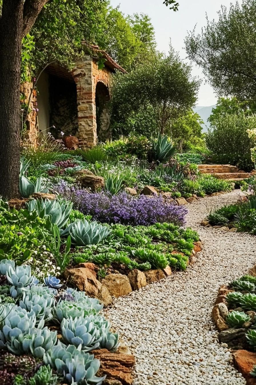 Italian gravel garden with ground cover plants and succulents surrounded with native trees