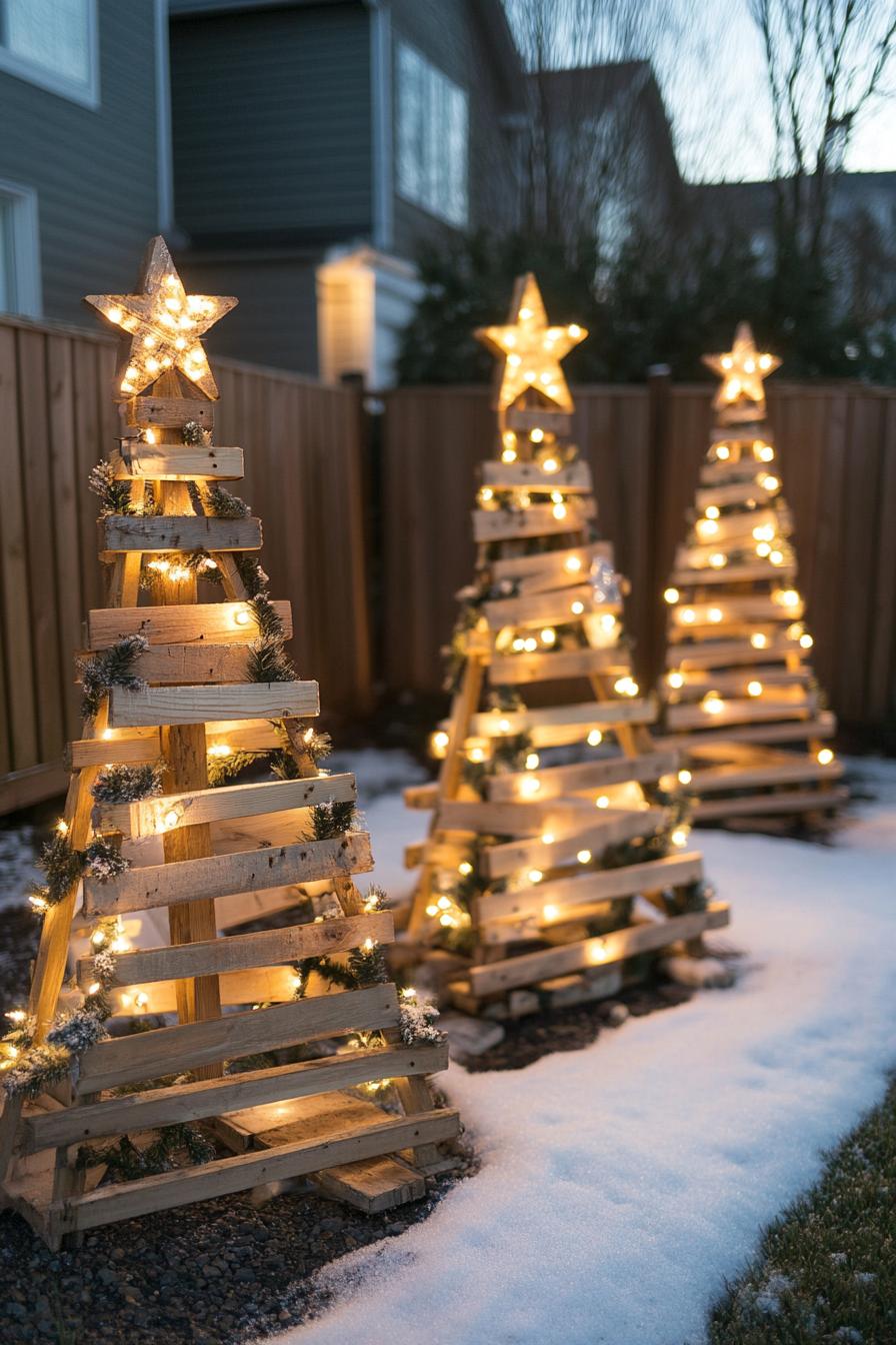 backyard Christmas decor with xmas trees made of pallet wood they are painted and decorated with fairy lights 1